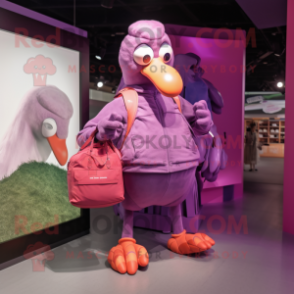 Purple Flamingo mascot costume character dressed with a Joggers and Handbags