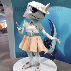 Cream Swordfish mascot costume character dressed with a Mini Skirt and Handbags