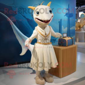 Cream Swordfish mascot costume character dressed with a Mini Skirt and Handbags