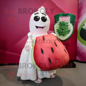 Magenta Watermelon mascot costume character dressed with a Wedding Dress and Tote bags