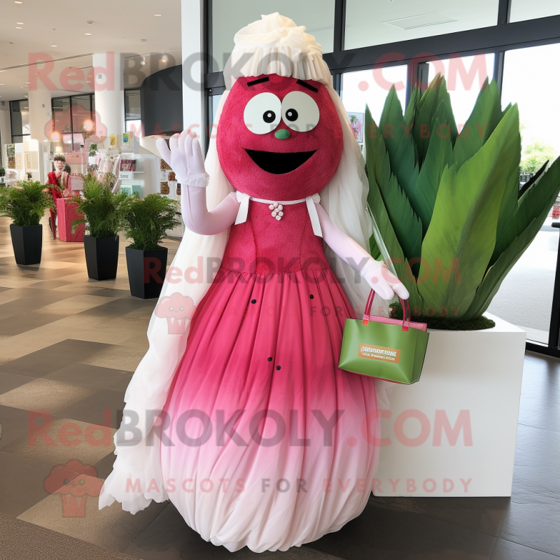 Magenta Watermelon mascot costume character dressed with a Wedding Dress and Tote bags