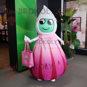 Magenta Watermelon mascot costume character dressed with a Wedding Dress and Tote bags