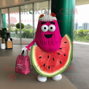 Magenta Watermelon mascot costume character dressed with a Wedding Dress and Tote bags