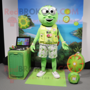 Lime Green Wrist Watch mascot costume character dressed with a Board Shorts and Coin purses