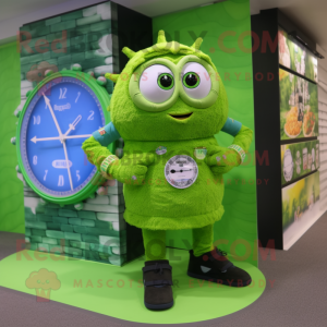 Lime Green Wrist Watch mascot costume character dressed with a Board Shorts and Coin purses