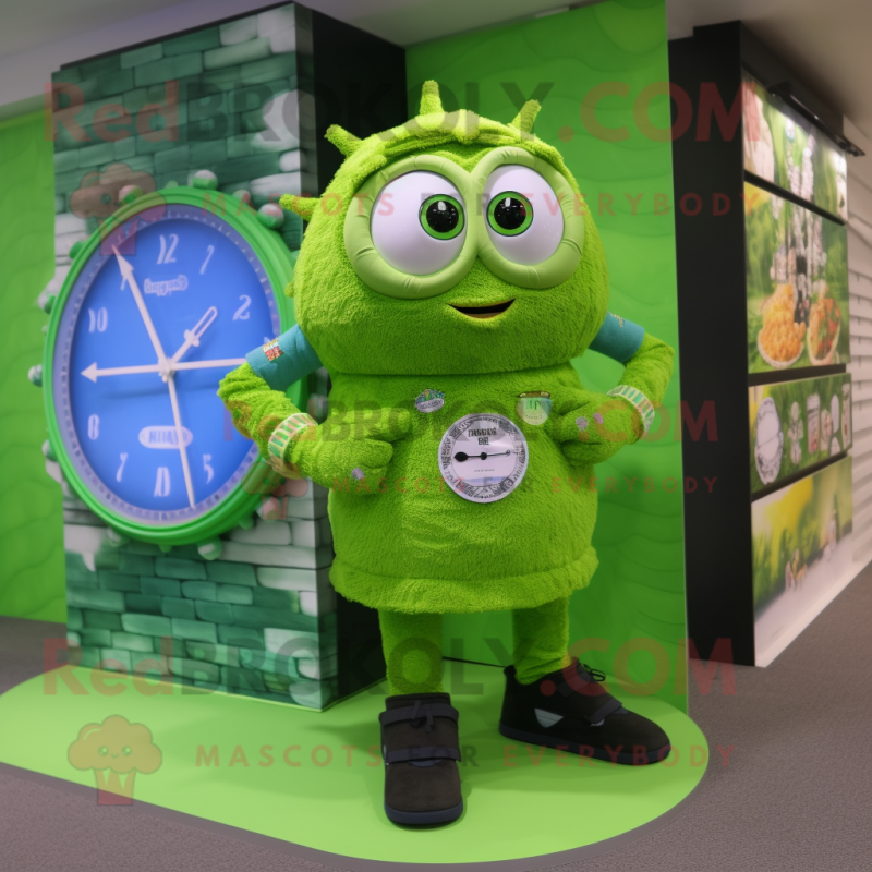 Lime Green Wrist Watch mascot costume character dressed with a Board Shorts and Coin purses Lime Green Wrist Watch mascot costume character dressed with a Board Shorts and Coin purses
