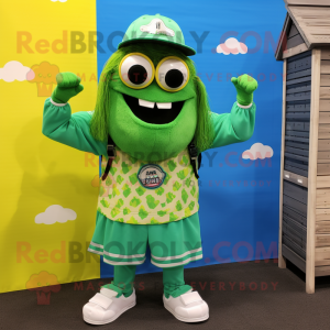 Lime Green Wrist Watch mascot costume character dressed with a Board Shorts and Coin purses