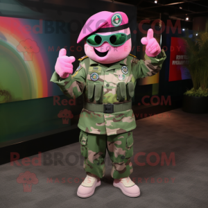 Pink Green Beret mascot costume character dressed with a T-Shirt and Hat pins