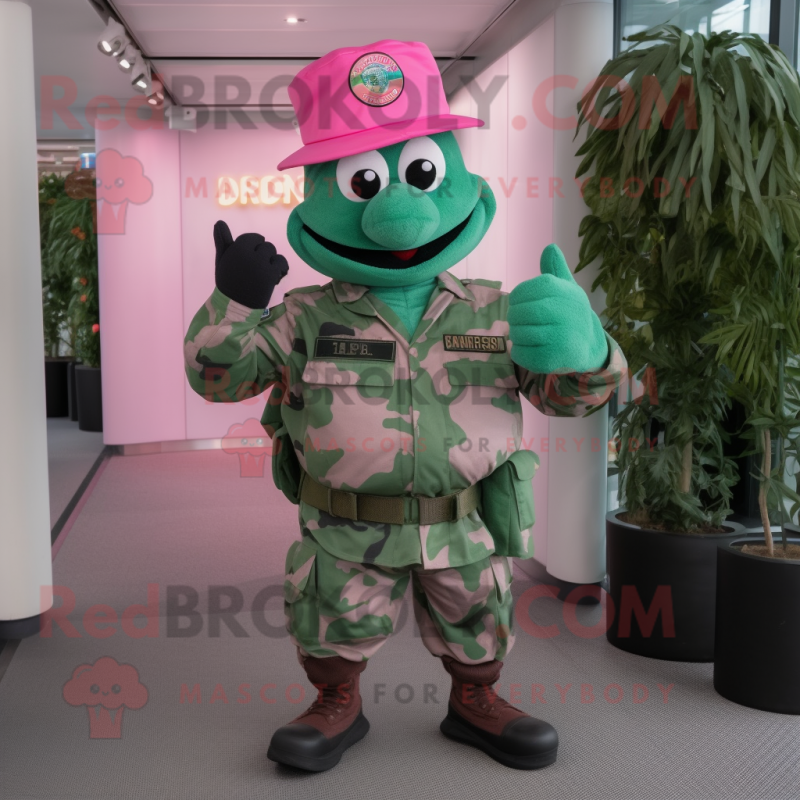 Pink Green Beret mascot costume character dressed with a T-Shirt and Hat pins