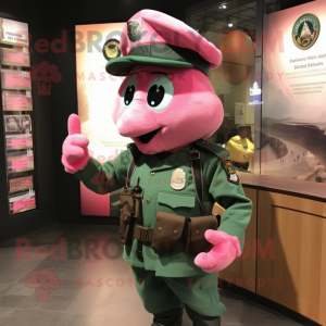 Pink Green Beret mascot costume character dressed with a T-Shirt and Hat pins