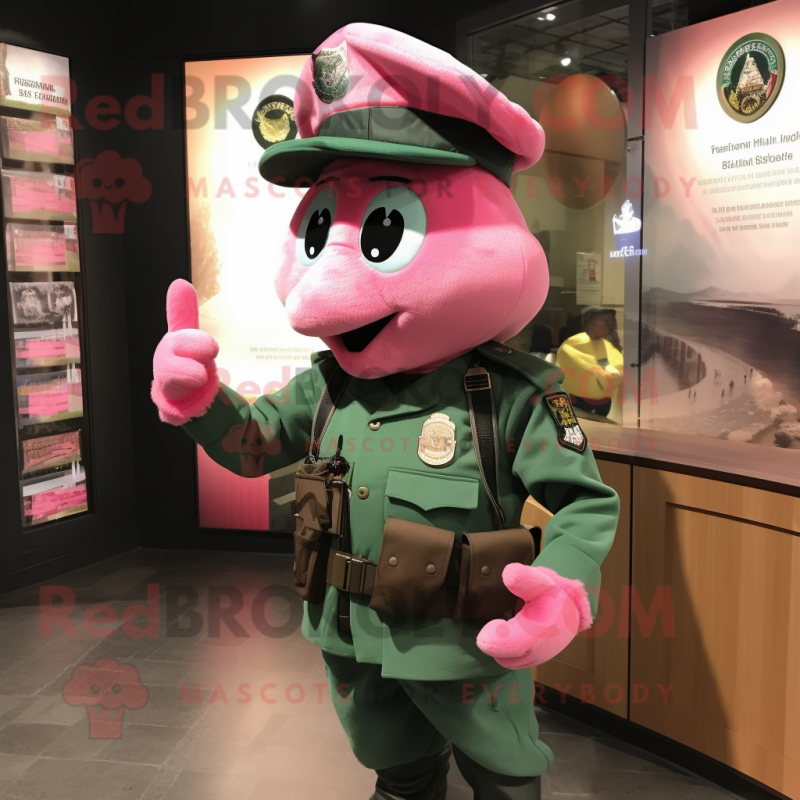 Pink Green Beret mascot costume character dressed with a T-Shirt and Hat pins