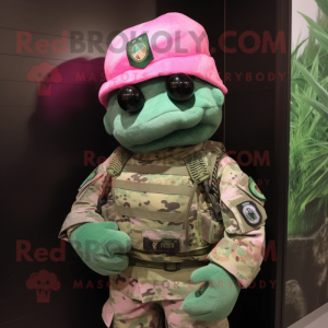 Pink Green Beret mascot costume character dressed with a T-Shirt and Hat pins