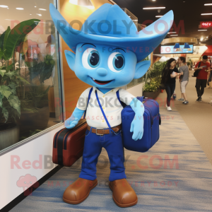 Blue Tooth Fairy mascot costume character dressed with a Bootcut Jeans and Messenger bags