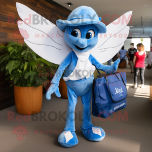 Blue Tooth Fairy mascot costume character dressed with a Bootcut Jeans and Messenger bags
