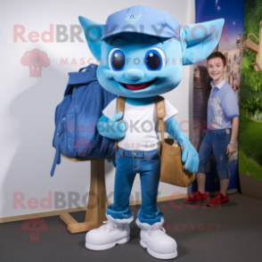 Blue Tooth Fairy mascot costume character dressed with a Bootcut Jeans and Messenger bags