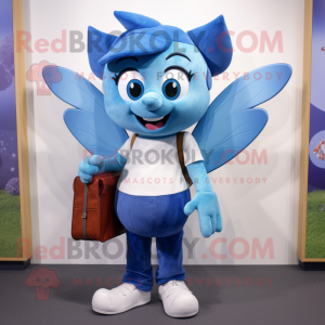 Blue Tooth Fairy mascot costume character dressed with a Bootcut Jeans and Messenger bags