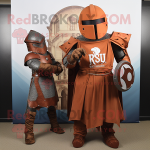 Rust Medieval Knight mascot costume character dressed with a Wrap Dress and Wraps