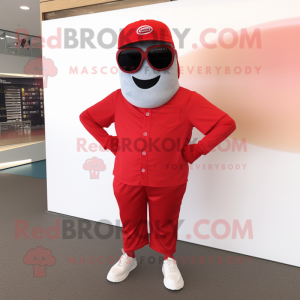 Red Horseshoe mascot costume character dressed with a Playsuit and Sunglasses