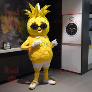 Yellow Pineapple mascot costume character dressed with a V-Neck Tee and Digital watches