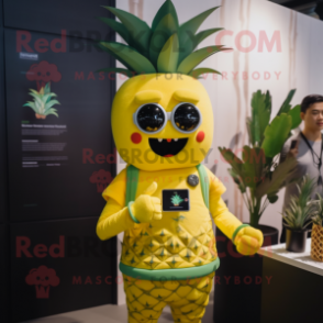 Yellow Pineapple mascot costume character dressed with a V-Neck Tee and Digital watches