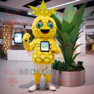 Yellow Pineapple mascot costume character dressed with a V-Neck Tee and Digital watches