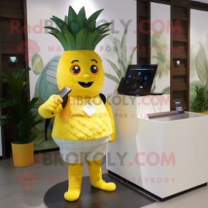 Yellow Pineapple mascot costume character dressed with a V-Neck Tee and Digital watches