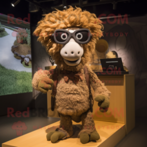 Brown Merino Sheep mascot costume character dressed with a Skirt and Sunglasses