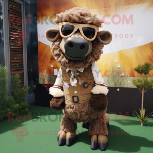 Brown Merino Sheep mascot costume character dressed with a Skirt and Sunglasses