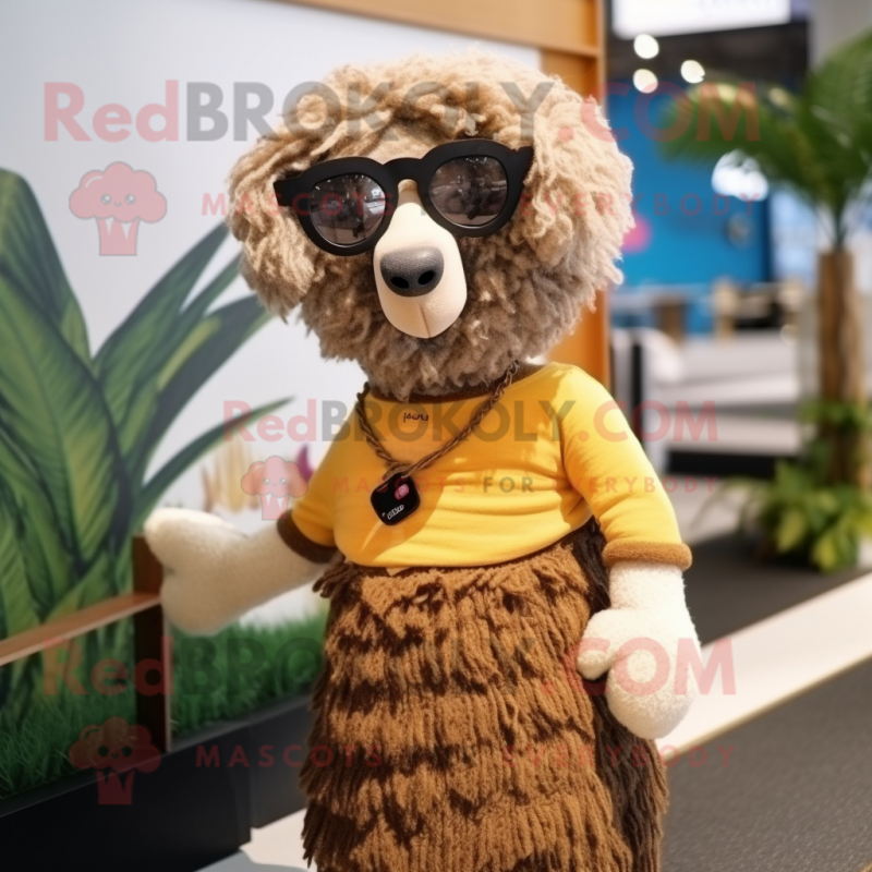 Brown Merino Sheep mascot costume character dressed with a Skirt and Sunglasses Brown Merino Sheep mascot costume character dressed with a Skirt and Sunglasses