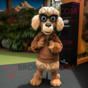 Brown Merino Sheep mascot costume character dressed with a Skirt and Sunglasses