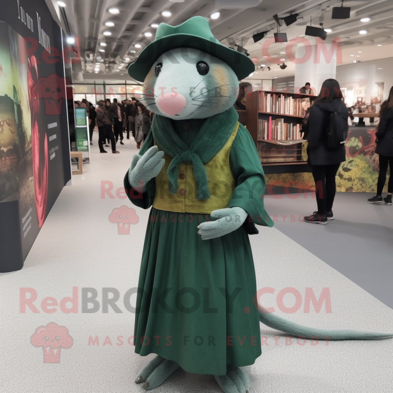 Forest Green Rat mascot costume character dressed with a Maxi Dress and Berets Forest Green Rat mascot costume character dressed with a Maxi Dress and Berets