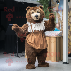 Brown Bear mascot costume character dressed with a Shift Dress and Cummerbunds