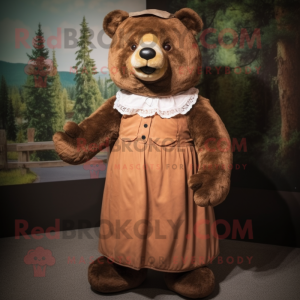 Brown Bear mascot costume character dressed with a Shift Dress and Cummerbunds
