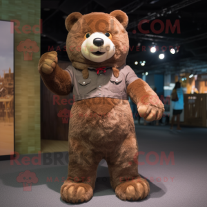 Brown Bear mascot costume character dressed with a Shift Dress and Cummerbunds