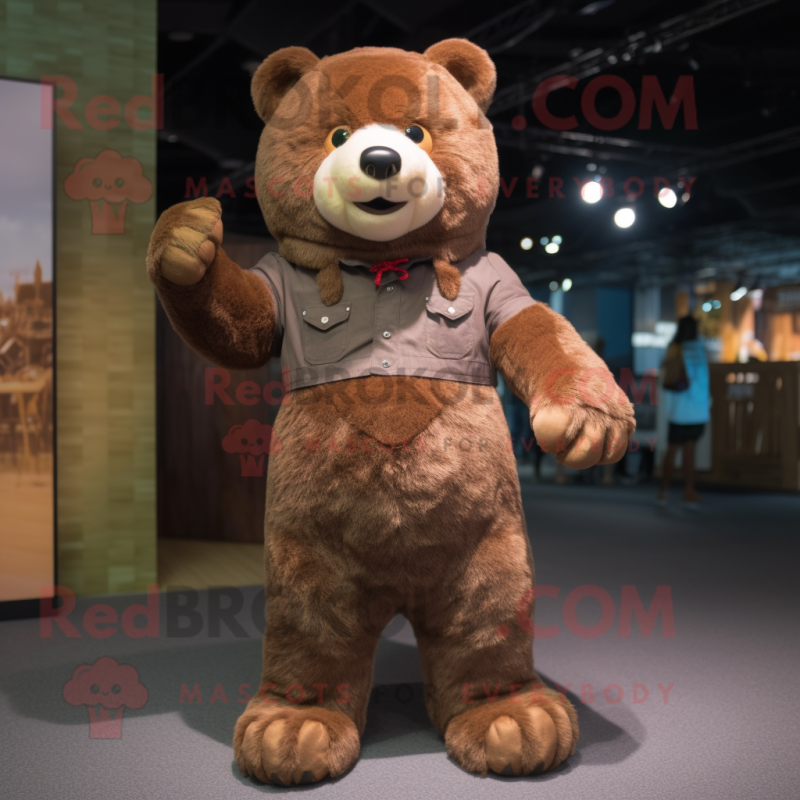Brown Bear mascot costume character dressed with a Shift Dress and Cummerbunds Brown Bear mascot costume character dressed with a Shift Dress and Cummerbunds