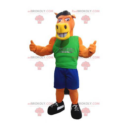 Orange hästmaskot med blå och grön outfit - Redbrokoly.com