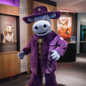 Purple Cow mascot costume character dressed with a Jacket and Berets