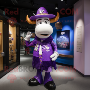 Purple Cow mascot costume character dressed with a Jacket and Berets