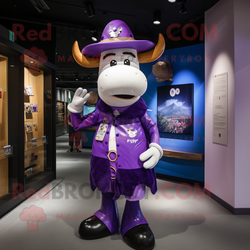 Purple Cow mascot costume character dressed with a Jacket and Berets Purple Cow mascot costume character dressed with a Jacket and Berets
