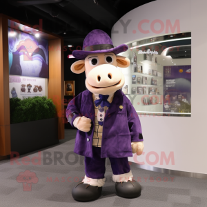 Purple Cow mascot costume character dressed with a Jacket and Berets