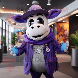 Purple Cow mascot costume character dressed with a Jacket and Berets