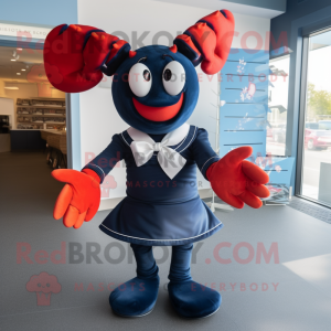 Navy Lobster Bisque mascot costume character dressed with a A-Line Skirt and Bow ties