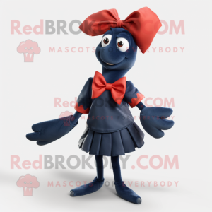 Navy Lobster Bisque mascot costume character dressed with a A-Line Skirt and Bow ties