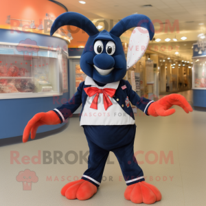 Navy Lobster Bisque mascot costume character dressed with a A-Line Skirt and Bow ties