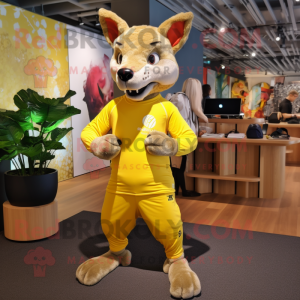 Yellow Thylacosmilus mascot costume character dressed with a Yoga Pants and Backpacks