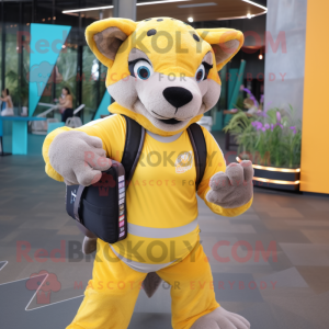 Yellow Thylacosmilus mascot costume character dressed with a Yoga Pants and Backpacks