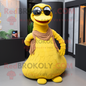 Yellow Titanoboa mascot costume character dressed with a Pleated Skirt and Eyeglasses