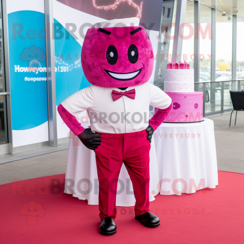 Magenta Wedding Cake mascot costume character dressed with a Joggers and Bow ties Magenta Wedding Cake mascot costume character dressed with a Joggers and Bow ties