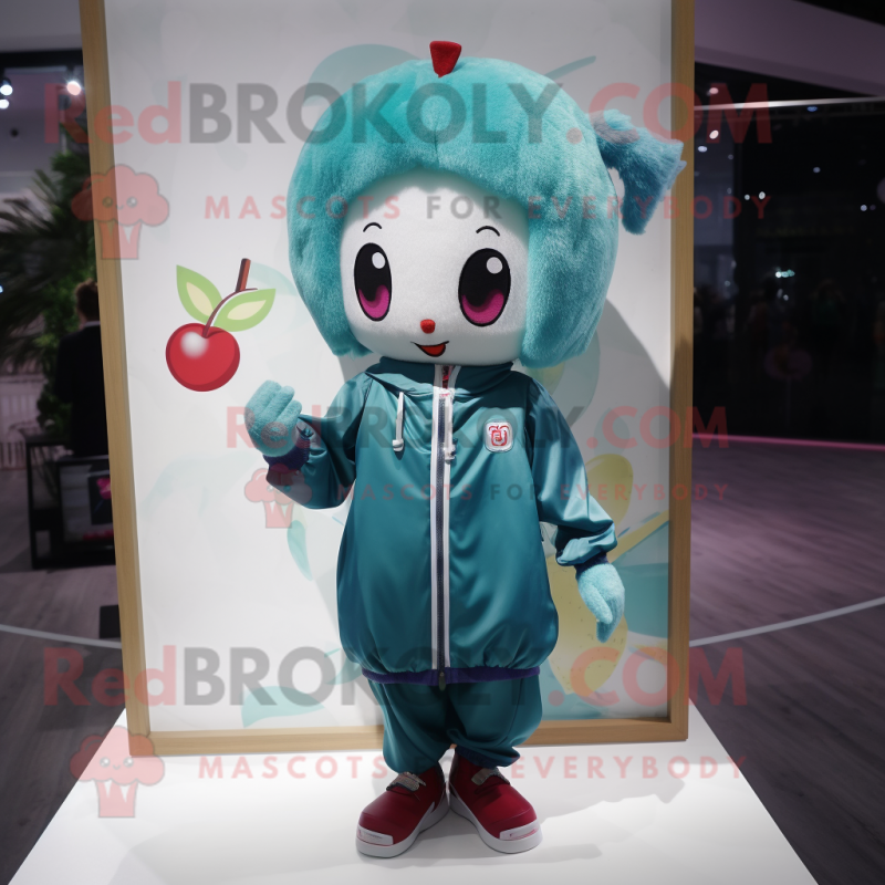 Teal Cherry mascot costume character dressed with a Windbreaker and Hair clips