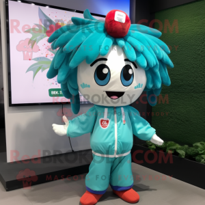Teal Cherry mascot costume character dressed with a Windbreaker and Hair clips